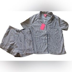 Isaac Mizrahi Navy Pinstripe 2Pc Pajama Set Sz Small Shorts Button Down SS Top